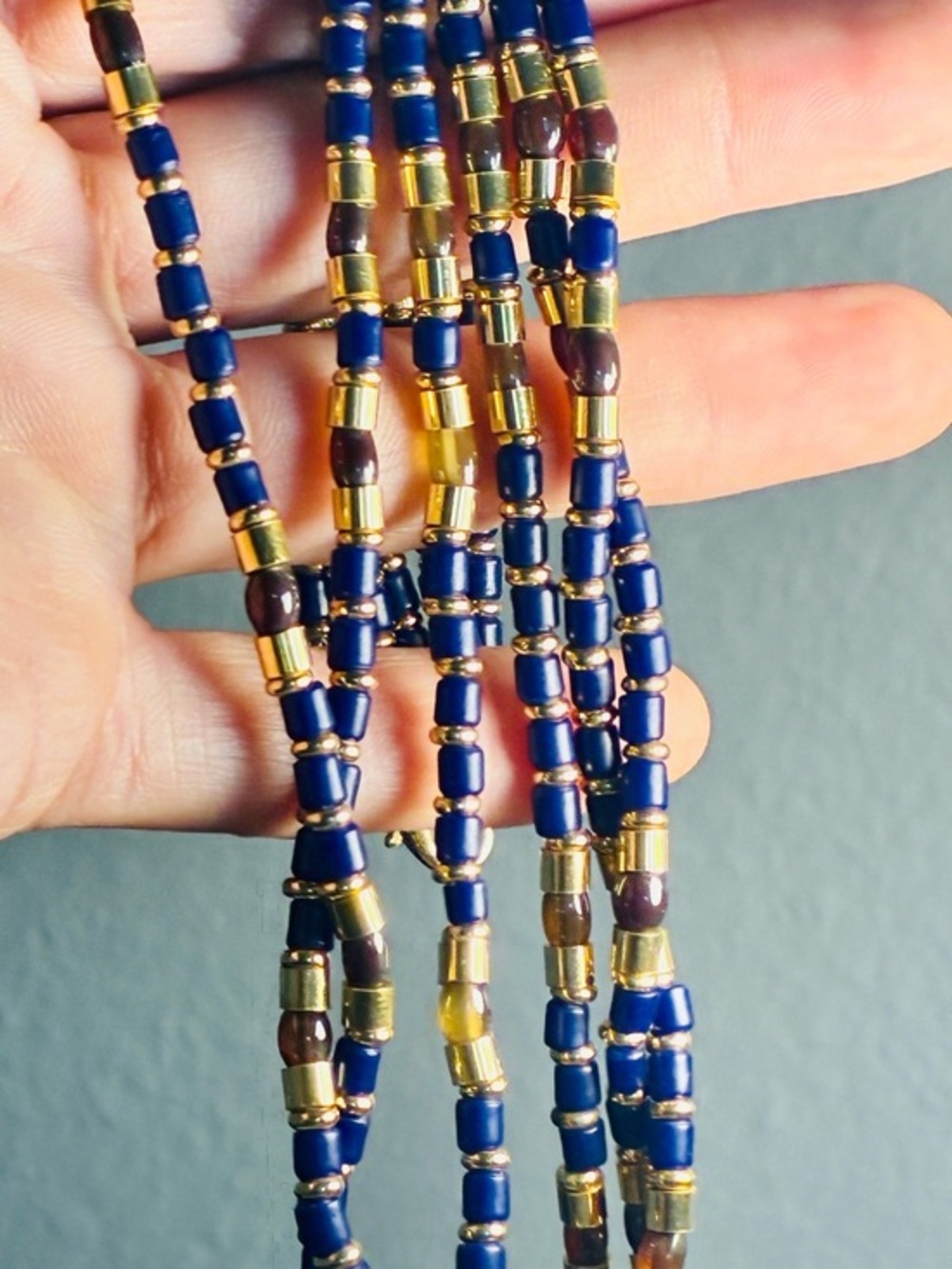 Contemporary Vibrant Multi-Strand Navy and Gold Beaded Necklace - Women Jewelry